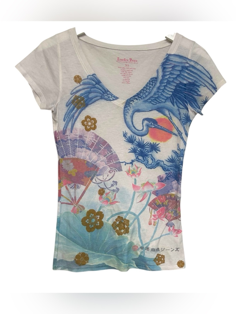 Y2K Lucky brand XS short sleeve tee shirt crane Asian graphic fans flowers indie